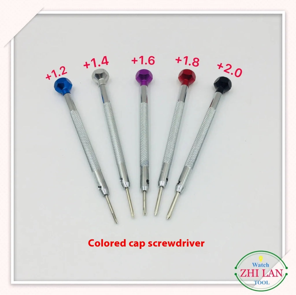 Six colour-coded watch repair screwdrivers with aluminium suits and copper handles