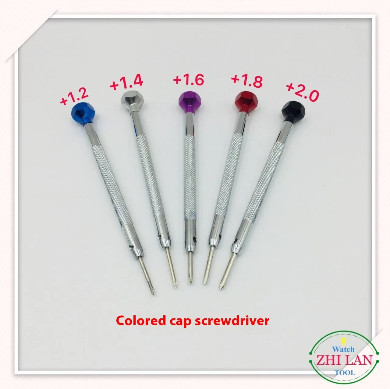 Six colour-coded watch repair screwdrivers with aluminium suits and copper handles