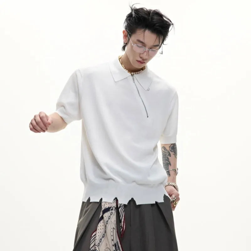 Men's slim-fit knitted polo shirt with oblique zipper lapel collar in black, grey or white