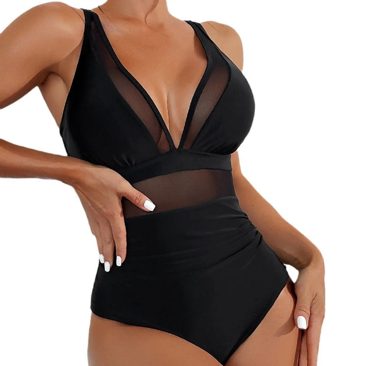 Black halter neck one-piece swimsuit with brief-style bottom on a female mannequin.