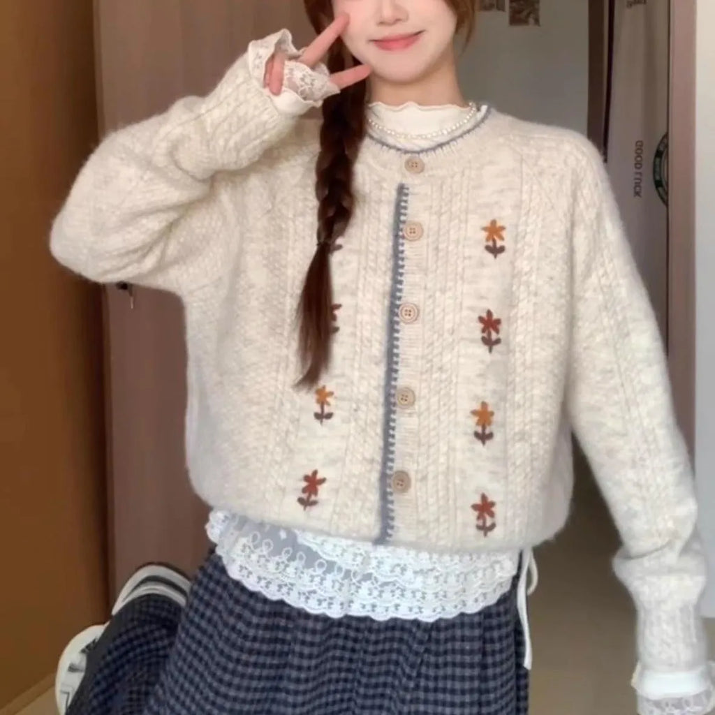 Women's oatmeal knitted cardigan with flower pattern, round neck, button front, long sleeves