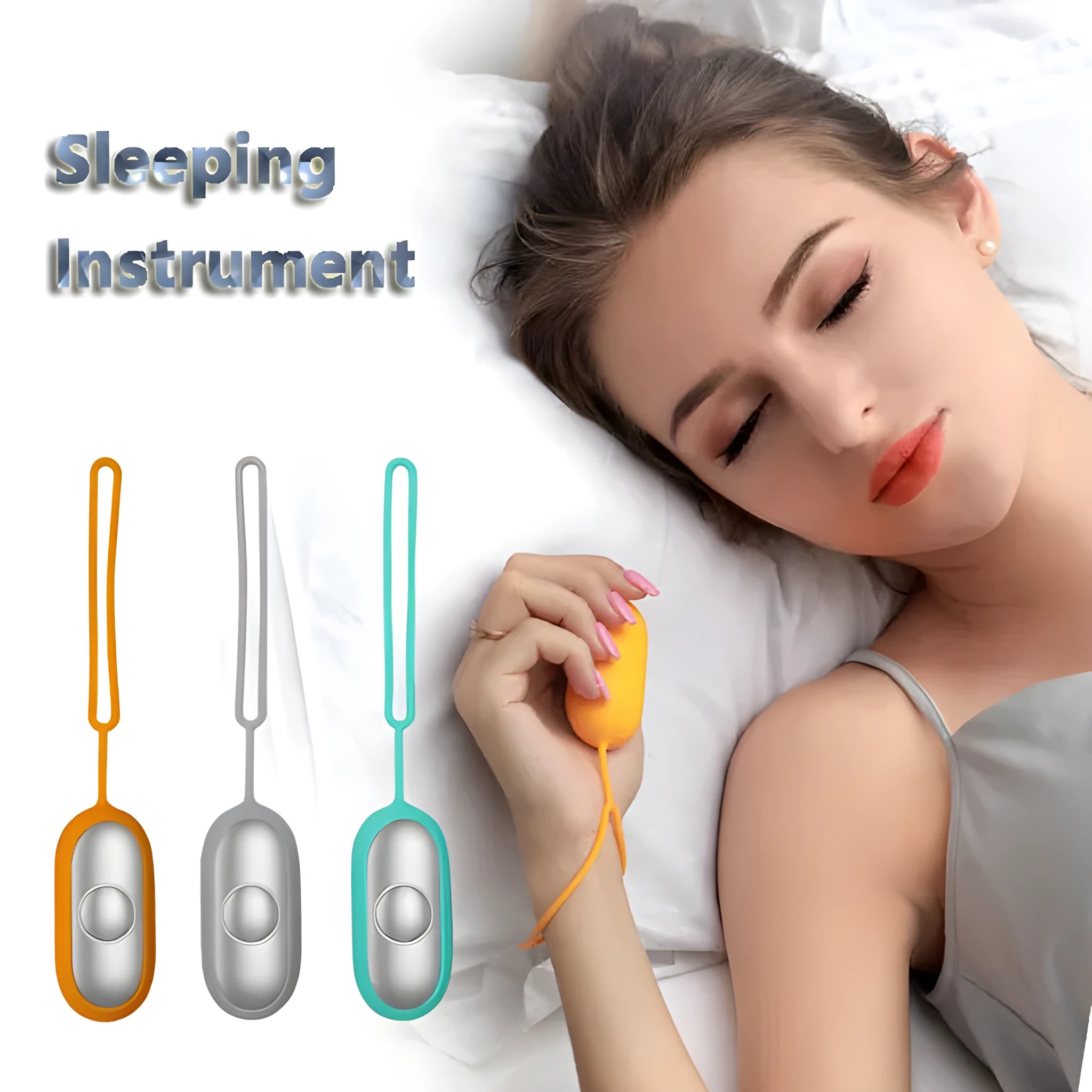Handheld microcurrent sleep aid device with round control button in grey, green, or orange colours