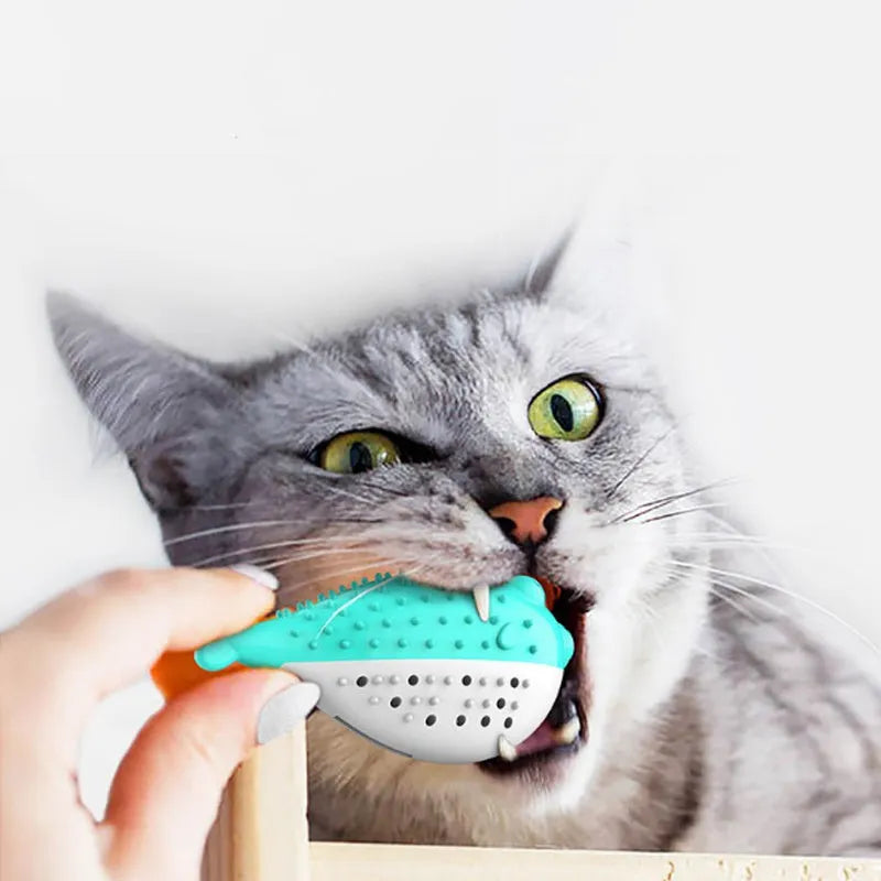 Silicone fish-shaped cat chew toy for grabbing and chewing, measuring 12.2cm long, in blue, green, pink or yellow