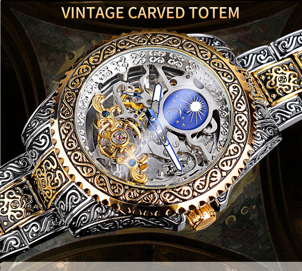 Forsining yellow skeleton tourbillon mechanical watch with 44mm stainless steel case