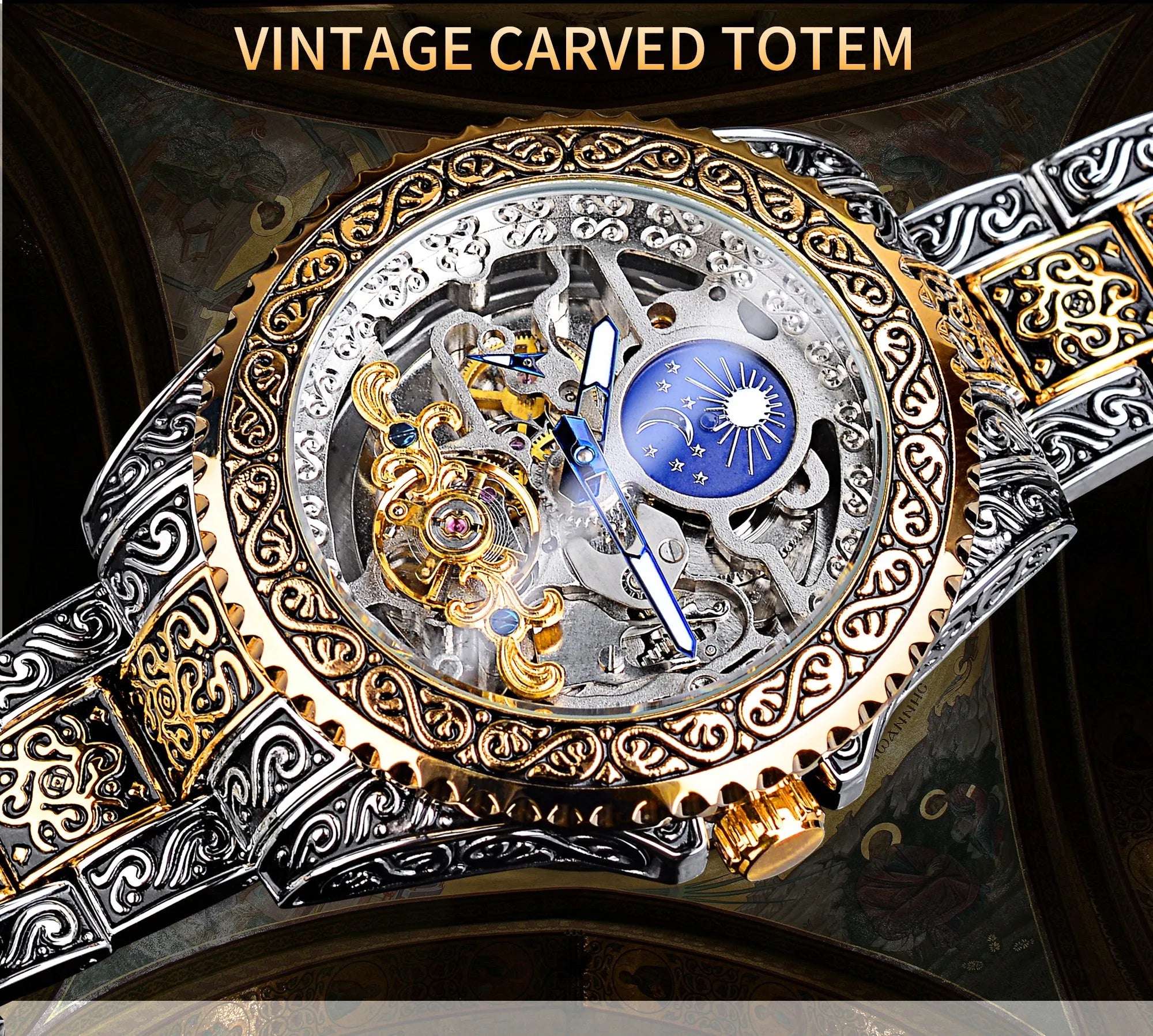 Forsining yellow skeleton tourbillon mechanical watch with 44mm stainless steel case