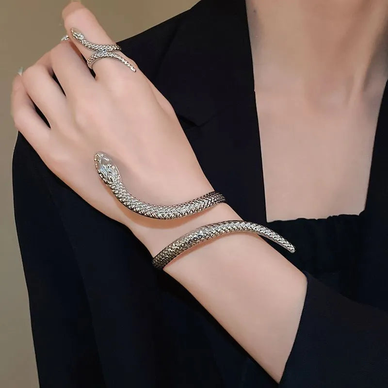 Gold electroplated metal exaggerated twisted winding snake ring and bracelet jewellery set