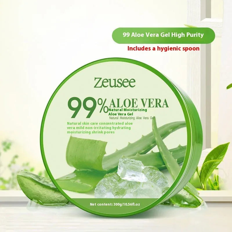 Jar of aloe vera gel for acne control and hydration with a small application spoon on a white background