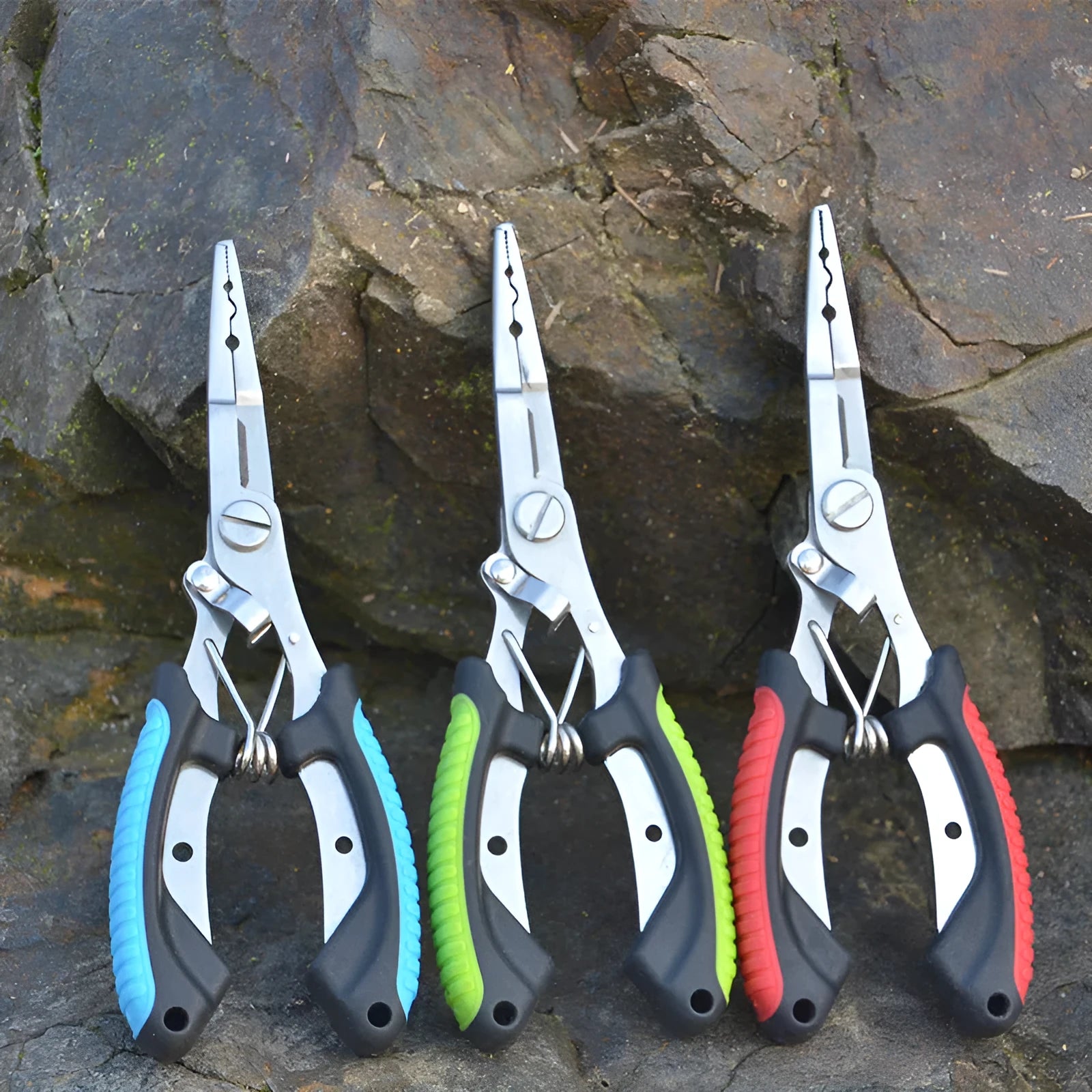 Medium straight mouth fishing pliers with integrated hook tool showing SS420 steel construction and colour-coded ABS handles