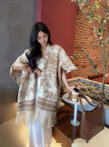 Women's personalised tassel scarf cape in a lightweight polyester fabric, shown in a shawl style.