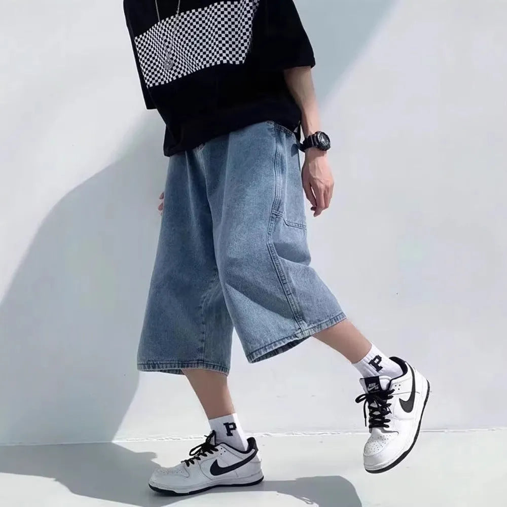 Men's blue denim shorts with high waist and straight leg cropped design