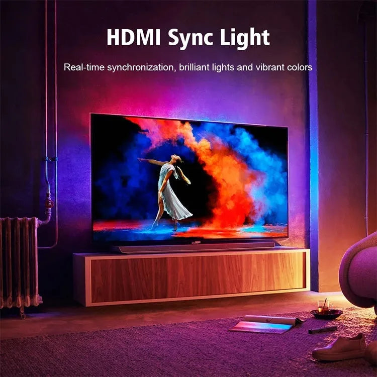 Smart TV sync ambience light streamer with colourful LED lighting behind television