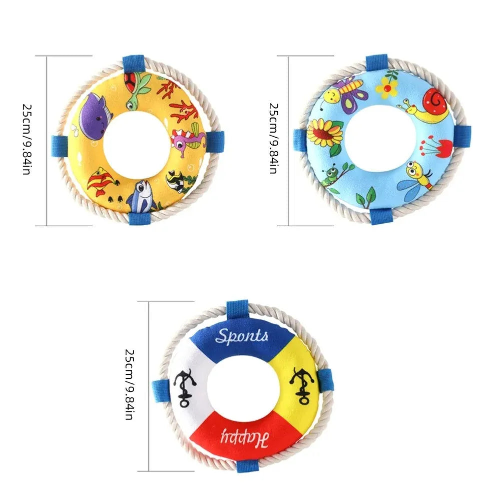 25cm diameter soft plush dog pull ring toy with squeaker for fetch games and chew training