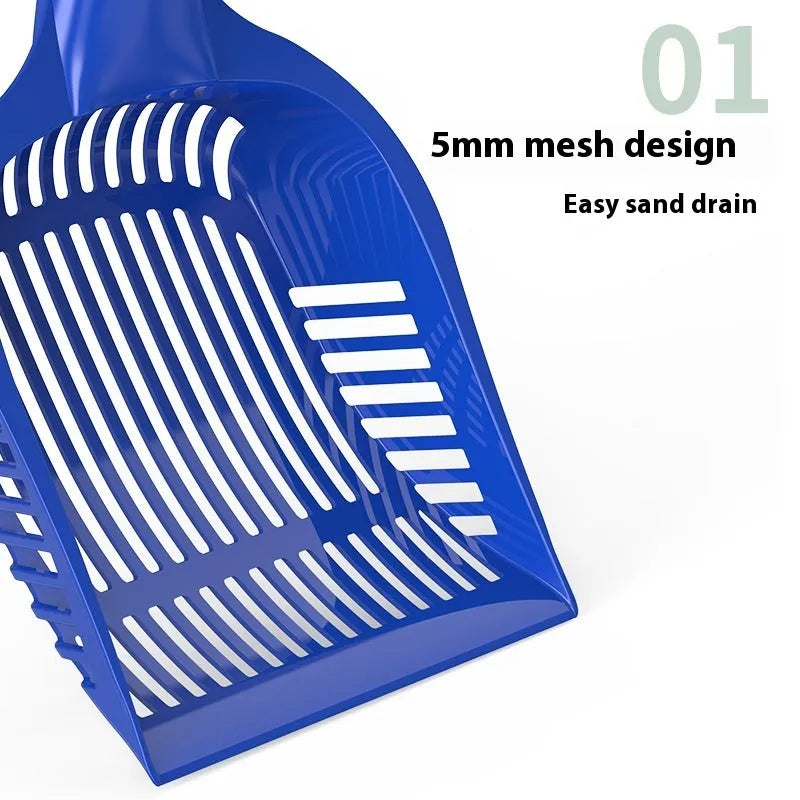 Red plastic cat litter scoop next to a yellow and blue one, showing two size options for litter tray cleaning.