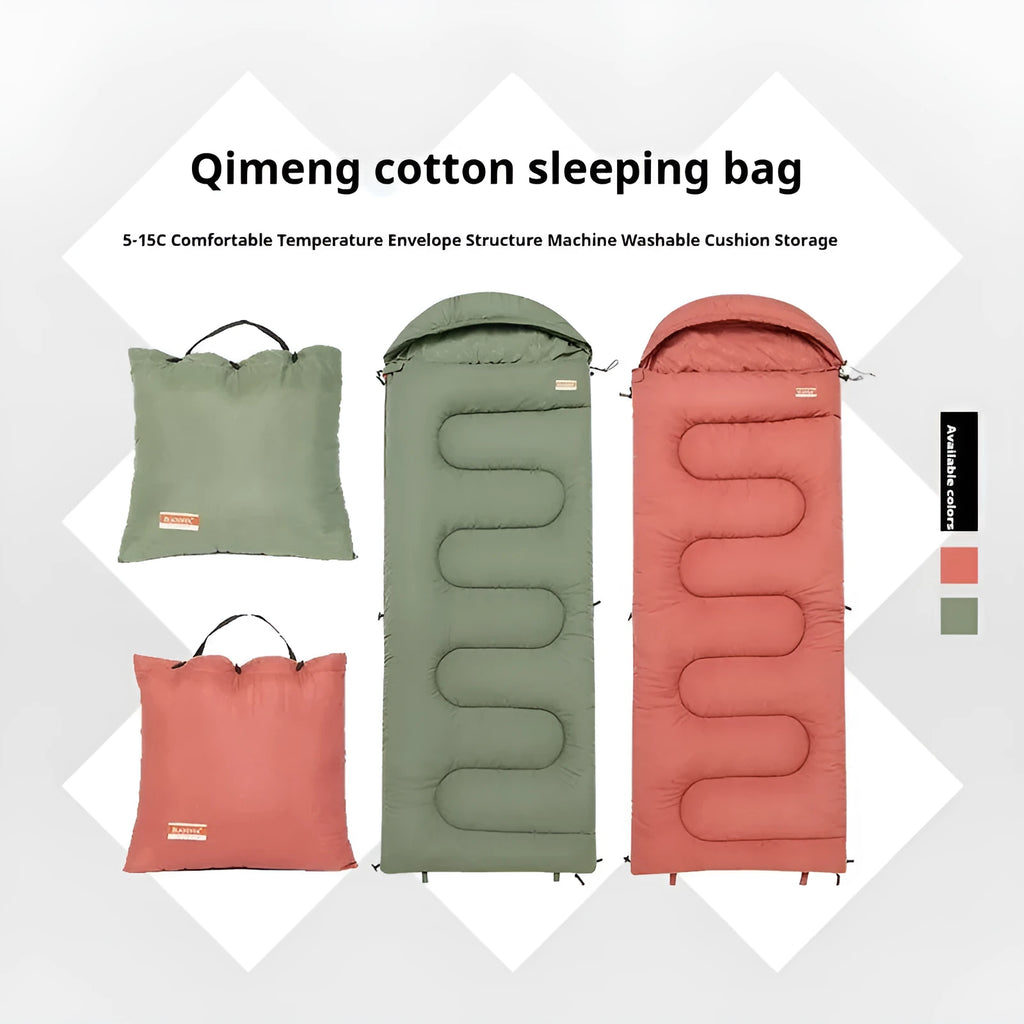 Ochre and olive green portable cotton camping sleeping bag quilt laid flat.