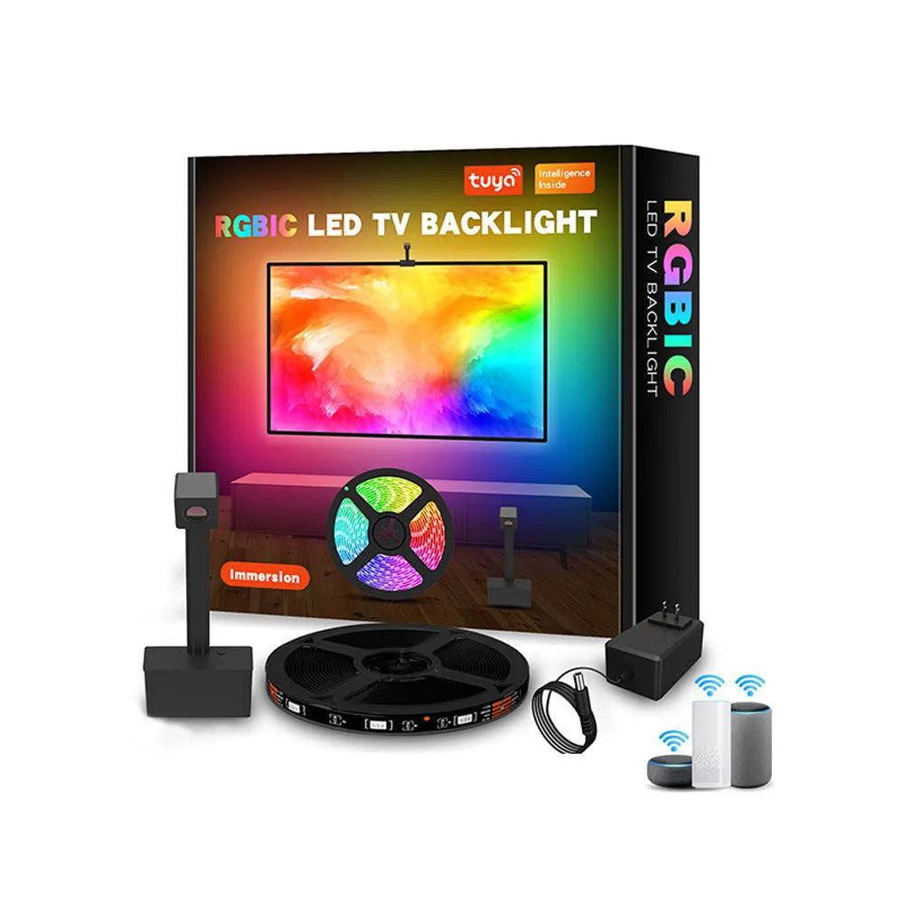 Smart TV LED backlight strip with camera for syncing colours, showing remote and app control.