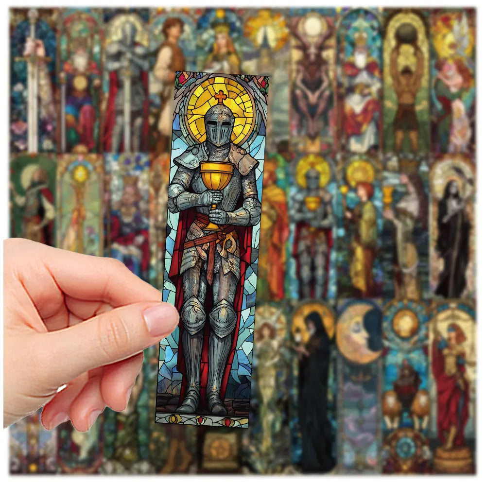 Set of 30 paper bookmarks with painted glass tarot card designs in a cute homemade style.