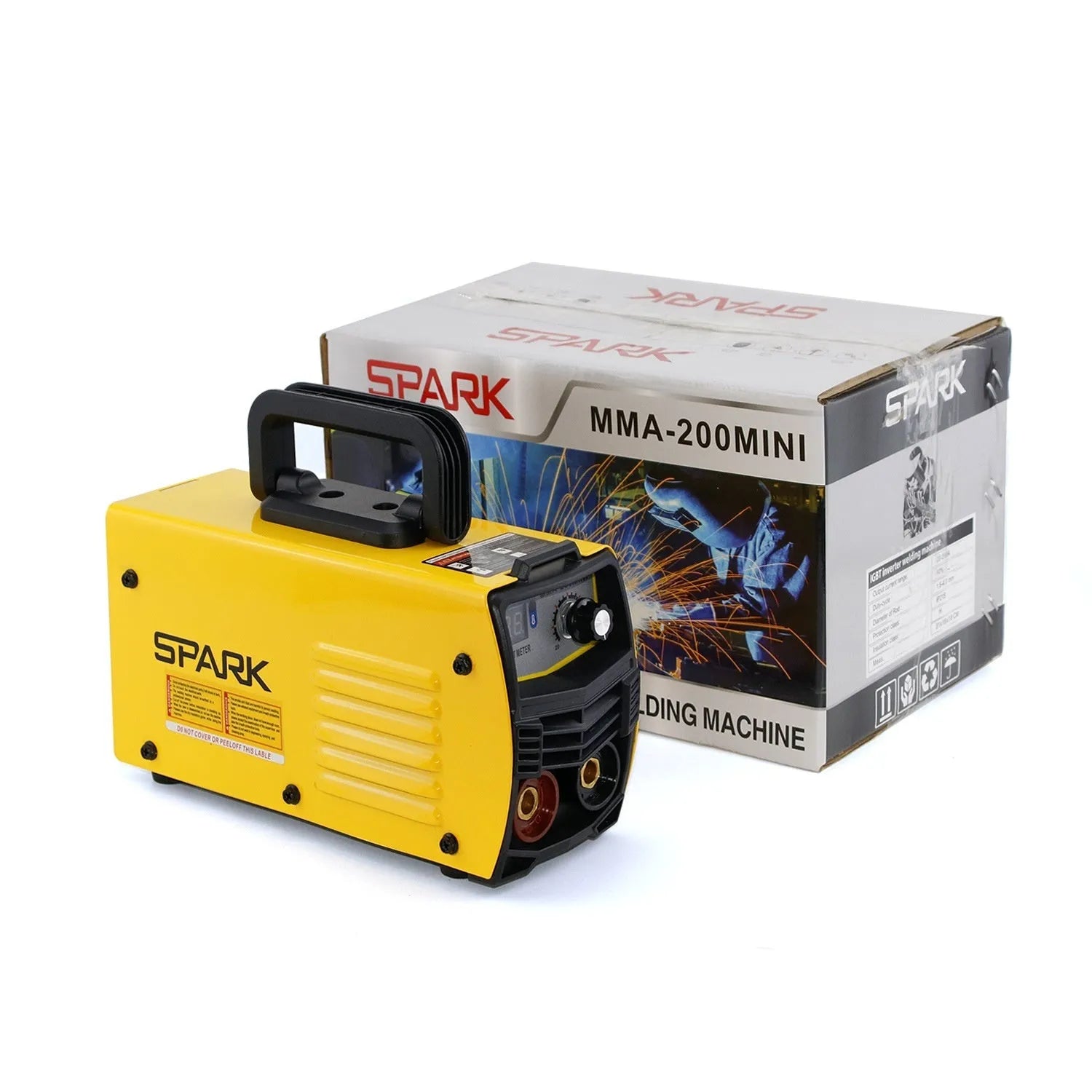 MMA-200MIN 220V portable DC inverter welding machine with welding tongs, clamp, and face shield.