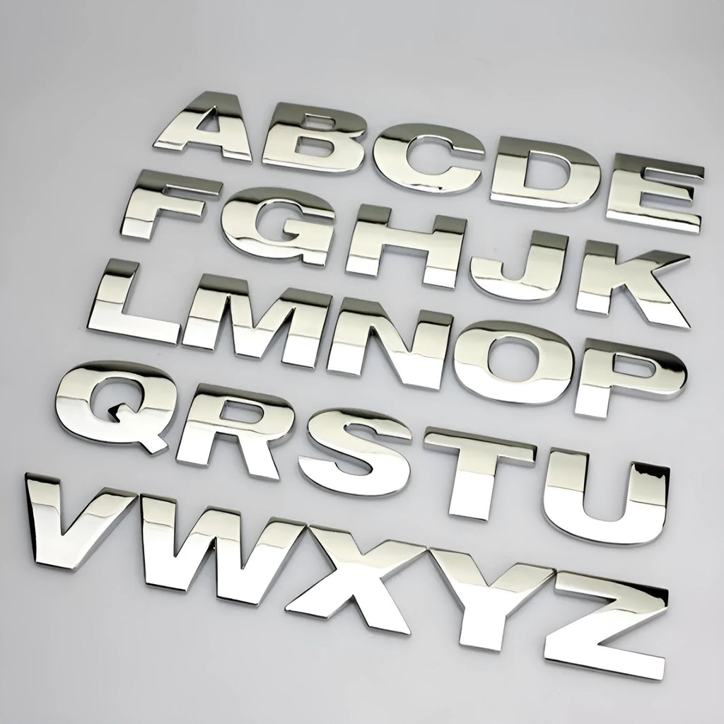 Zinc alloy metal car letter stickers showing 3D raised effect on vehicle bumper