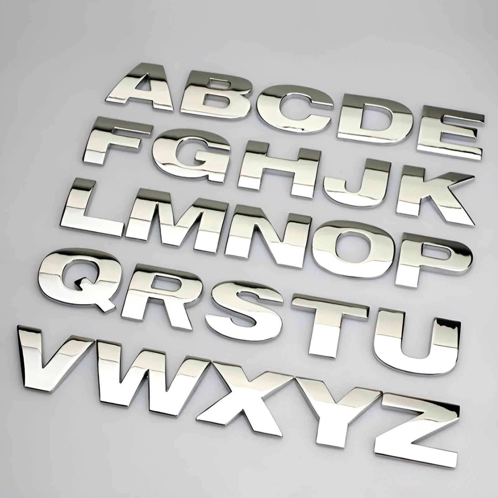 Zinc alloy metal car letter stickers showing 3D raised effect on vehicle bumper