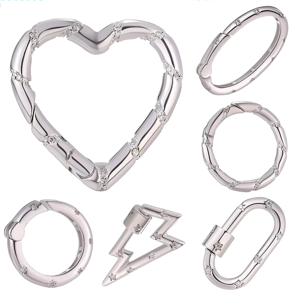 Copper climbing heart-shaped metal button with micro inlaid zircon stones, showing spring fastener and screw buckle style options.