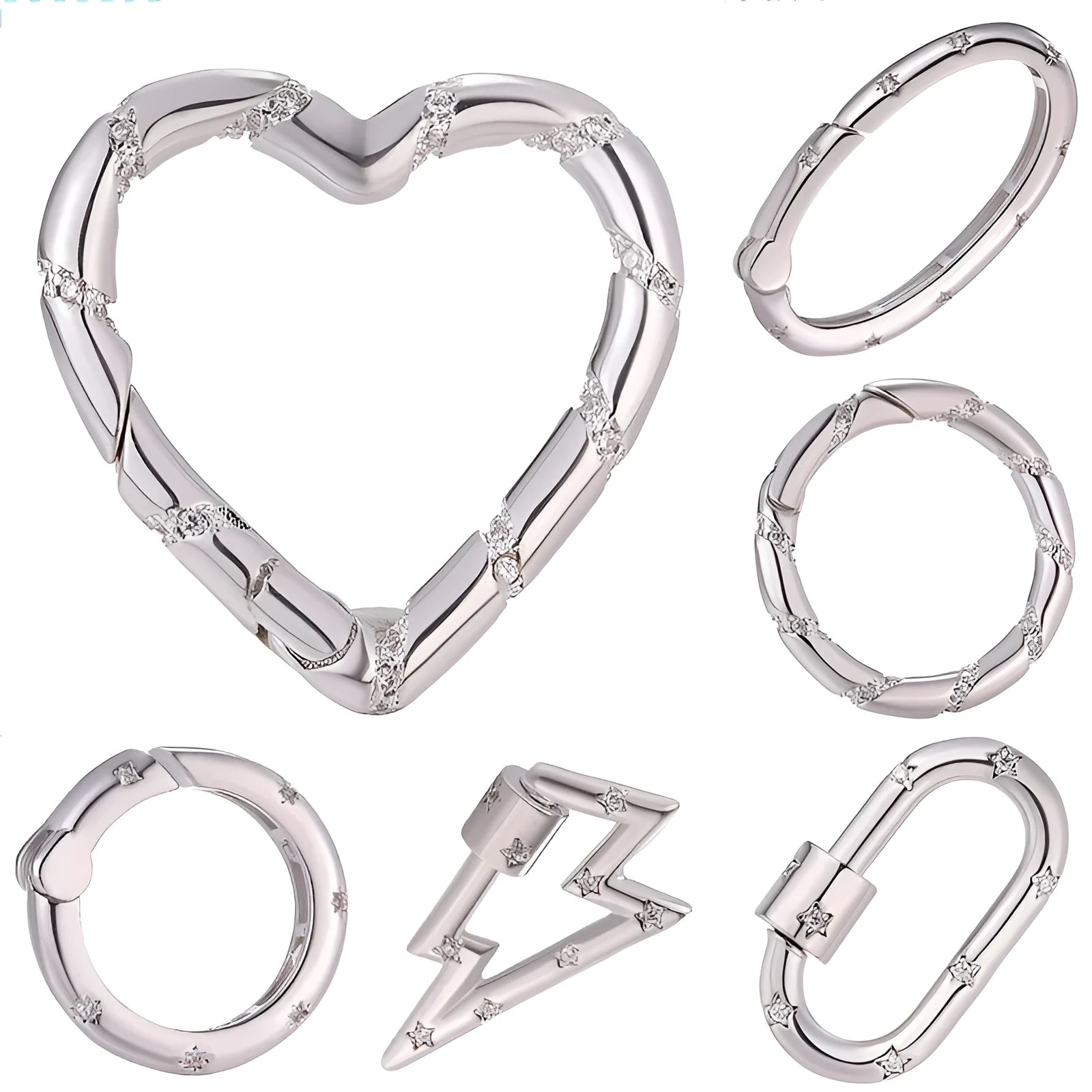 Copper climbing heart-shaped metal button with micro inlaid zircon stones, showing spring fastener and screw buckle style options.
