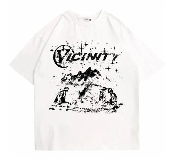 Man wearing a retro hip hop graphic print on a grey polyester T-shirt.