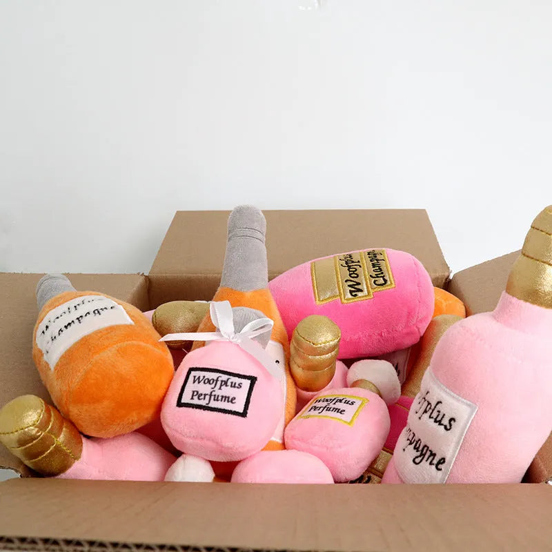 Creative plush wine bottle pet toy for cats and small dogs in various colours