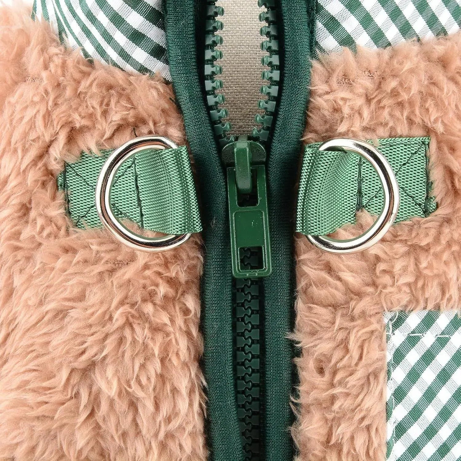 Green plush fleece dog jumpsuit coat with four legs and a back zipper, shown on a small dog.