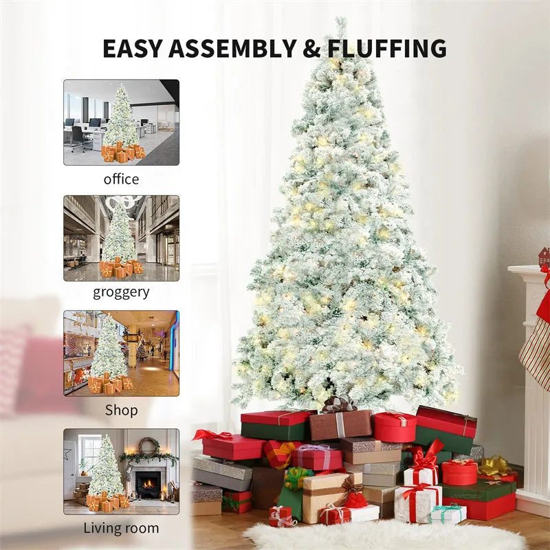 Artificial green and white snow-effect PVC Christmas tree with metal stand.