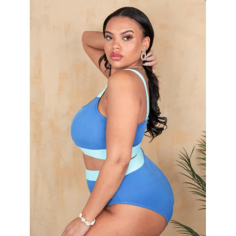 Women's polyester high waist bikini set with split leg design in pure colour with visible stitching