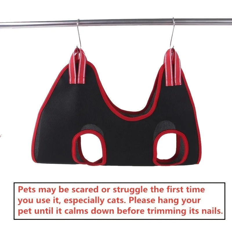 Pet grooming hammock with hanging restraint system for cat nail trimming and bath procedures