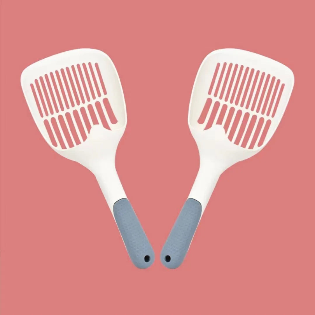 Large white plastic cat litter shovel with slotted drainage holes on a 22cm wide scoop