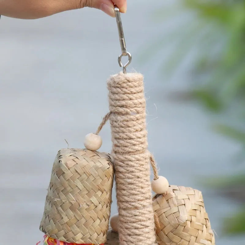 Colourful wood and sisal rope parrot foraging toy measuring 15cm by 35cm