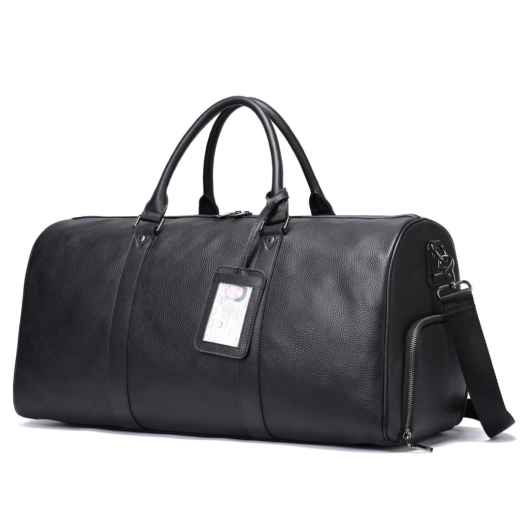 Men's black leather excursion tote bag with single shoulder strap shown alongside coffee brown version