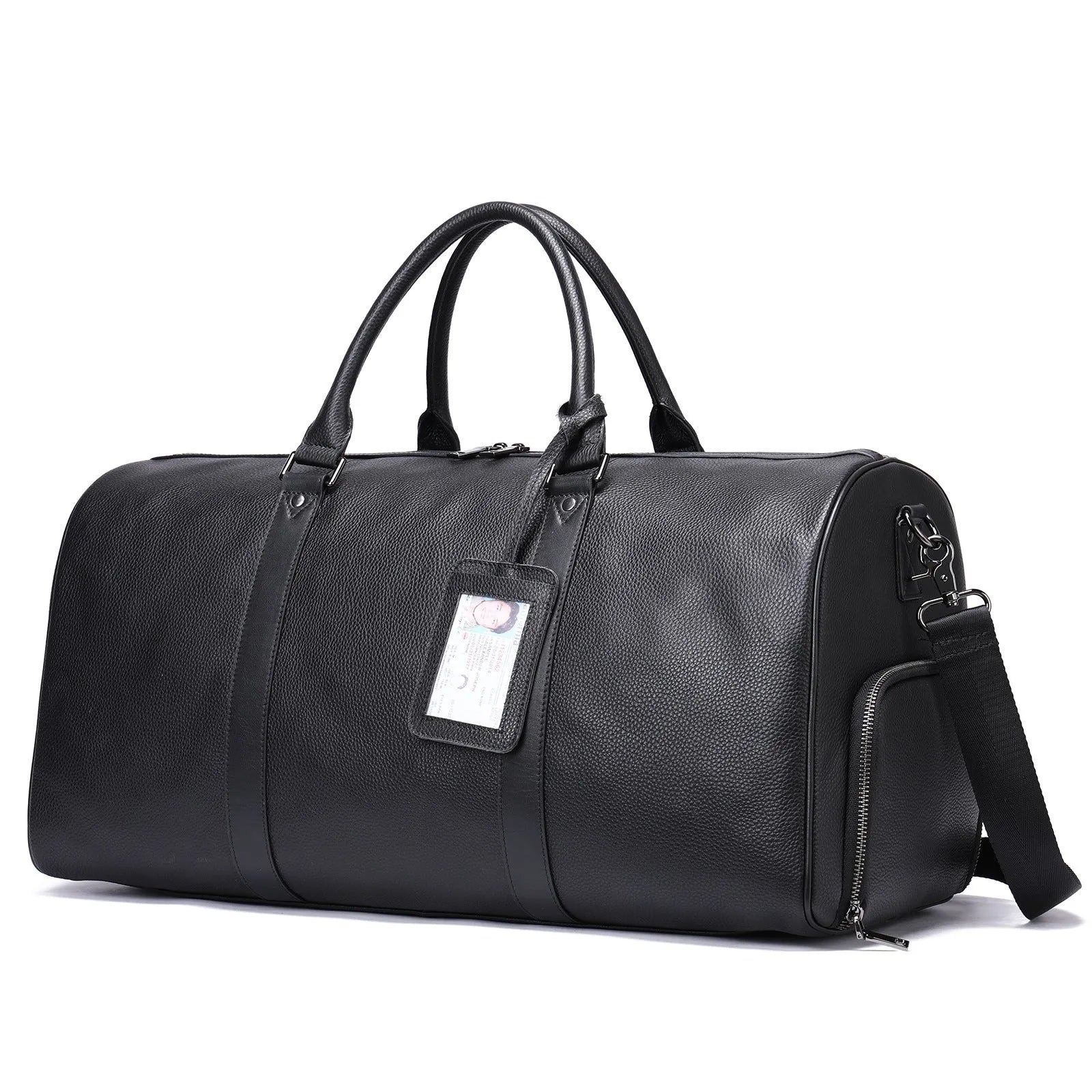 Men's black leather excursion tote bag with single shoulder strap shown alongside coffee brown version