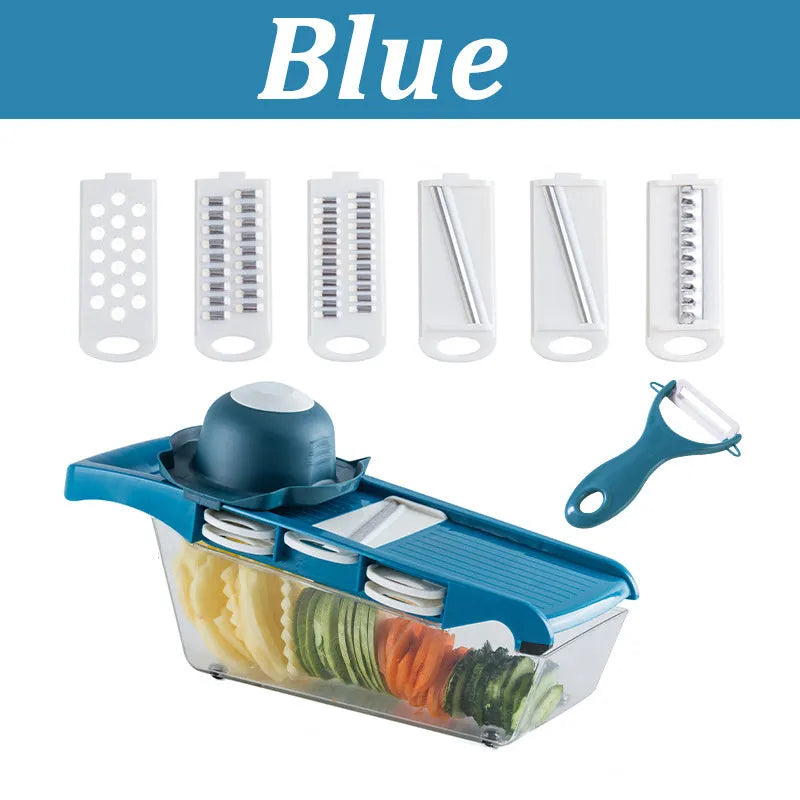 Multifunctional vegetable cutter with seven stainless steel blades on a kitchen counter