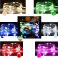 Copper wire decorative string light with 120 bulbs on a 12-metre cable, showing battery box and colour options.