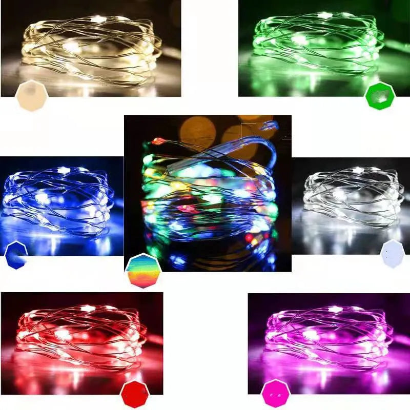 Copper wire decorative string light with 120 bulbs on a 12-metre cable, showing battery box and colour options.