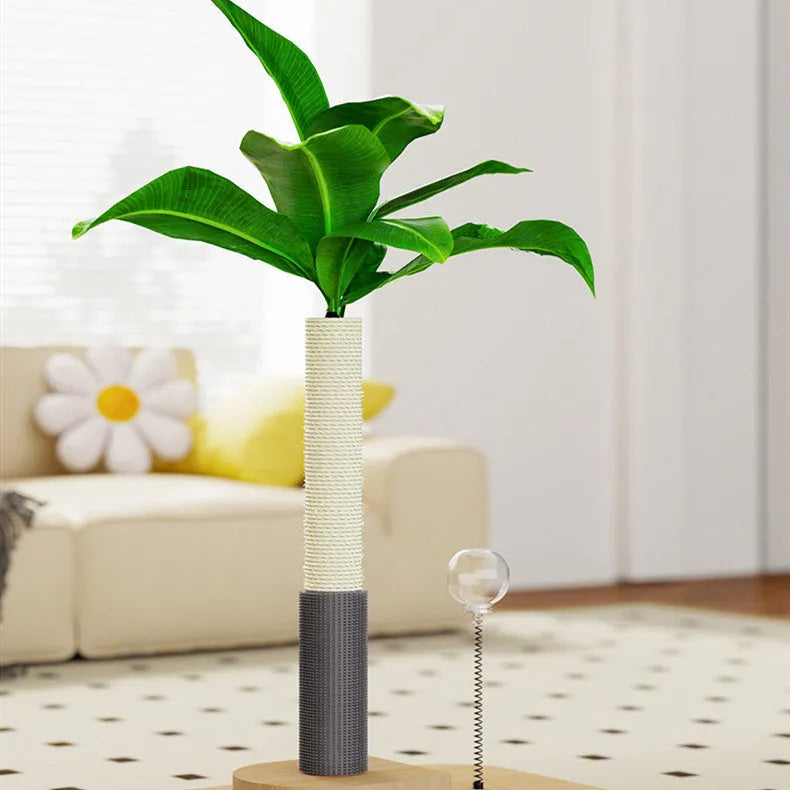 Wooden vertical cat scratching post with a cannulated grab column and a food drop ball.