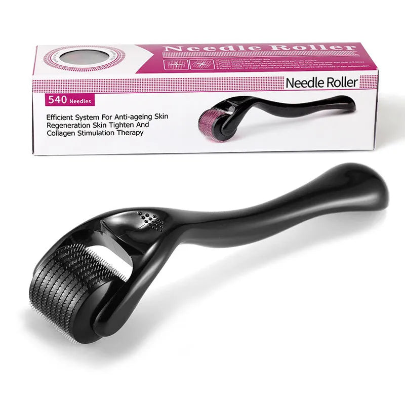 Titanium derma roller with 540 needles, showing black and purple colour options and six needle size indicators from 0.20mm to 1.00mm.