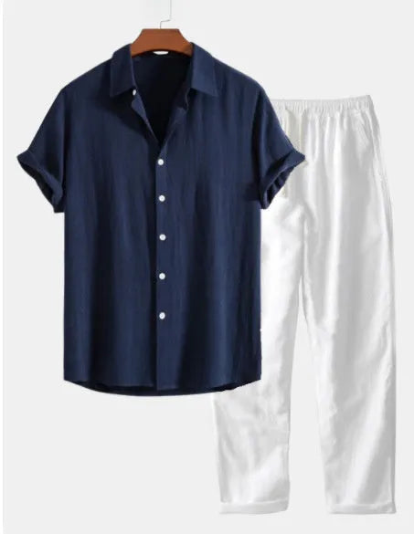 Casual loose short sleeve suit in cotton linen blend, shown in navy blue, with half sleeves and matching trousers.
