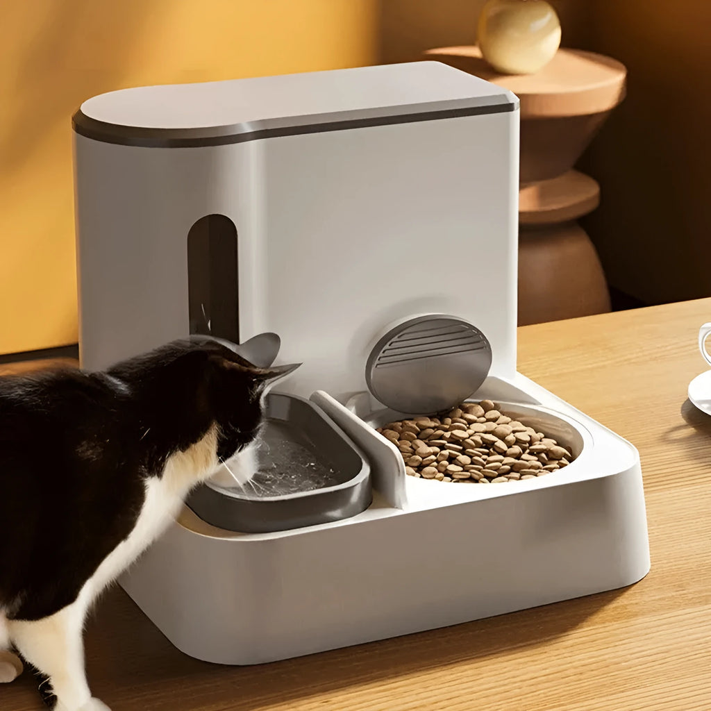 Grey cat automatic pet feeder with integrated double bowl water dispenser