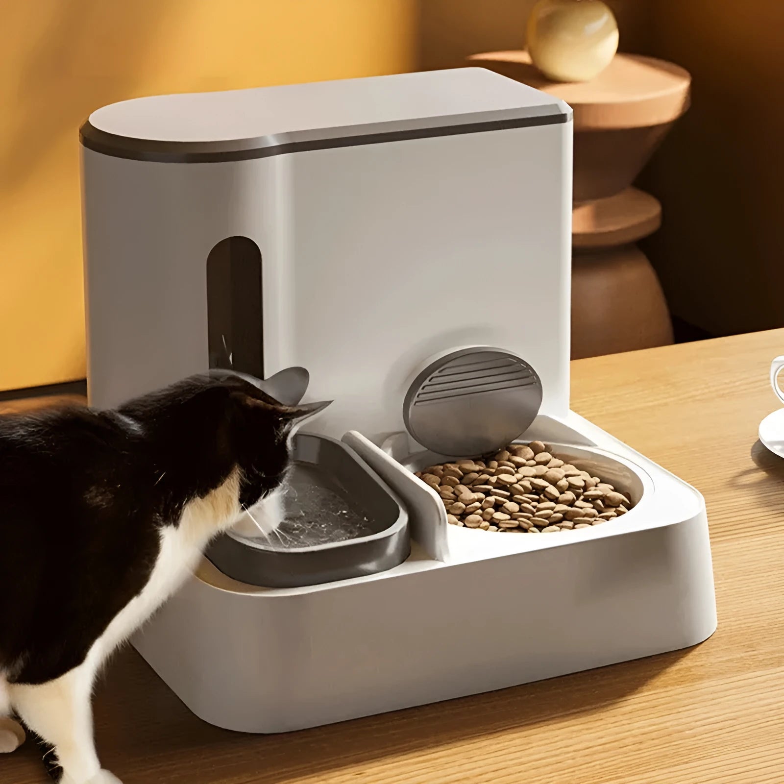 Grey cat automatic pet feeder with integrated double bowl water dispenser