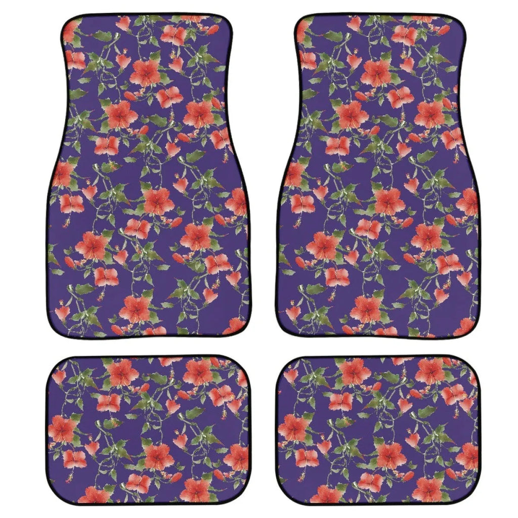 Black printed rubber car foot mat set showing four pieces for vehicle footwells.