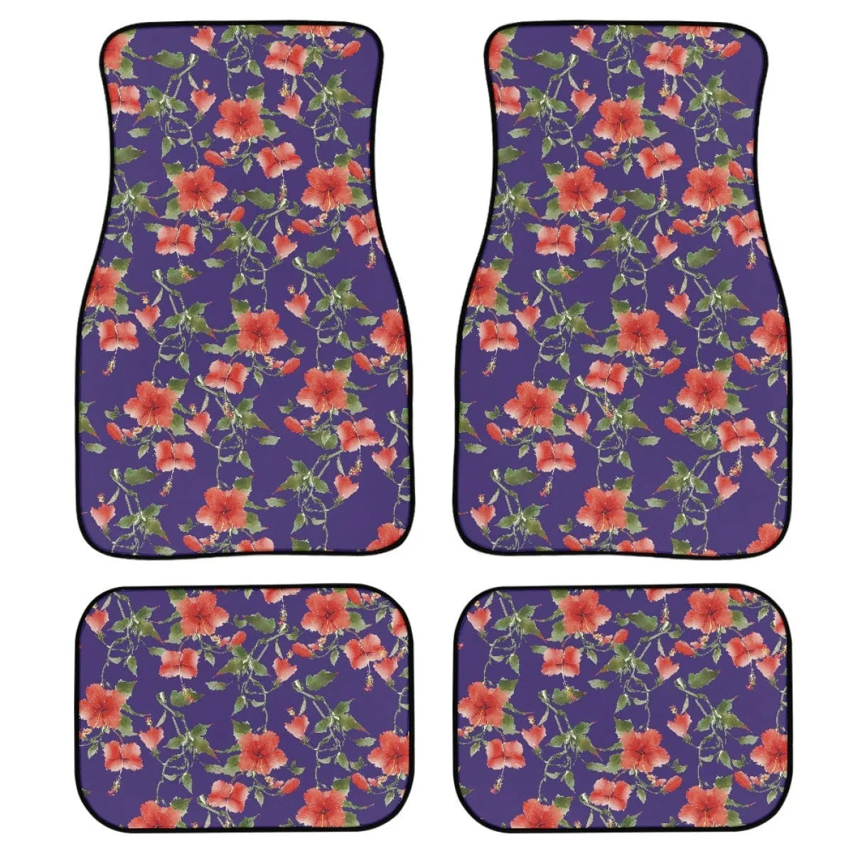 Black printed rubber car foot mat set showing four pieces for vehicle footwells.