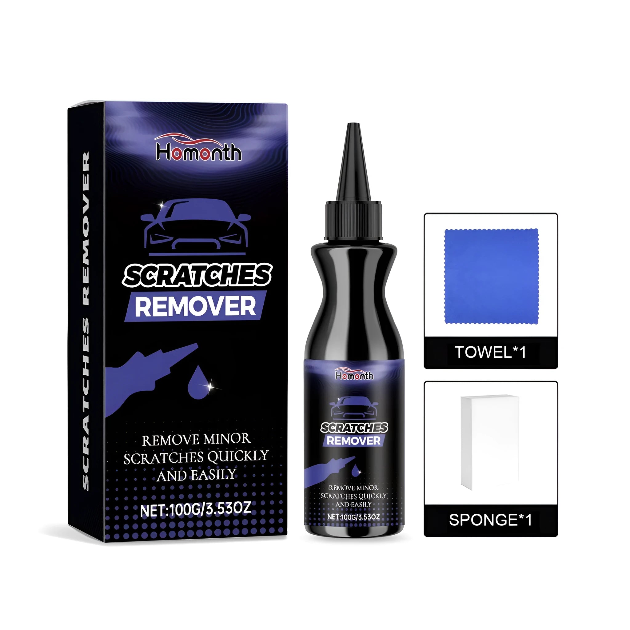 Car scratch repair kit showing 100g paste container, application sponge, and microfibre towel