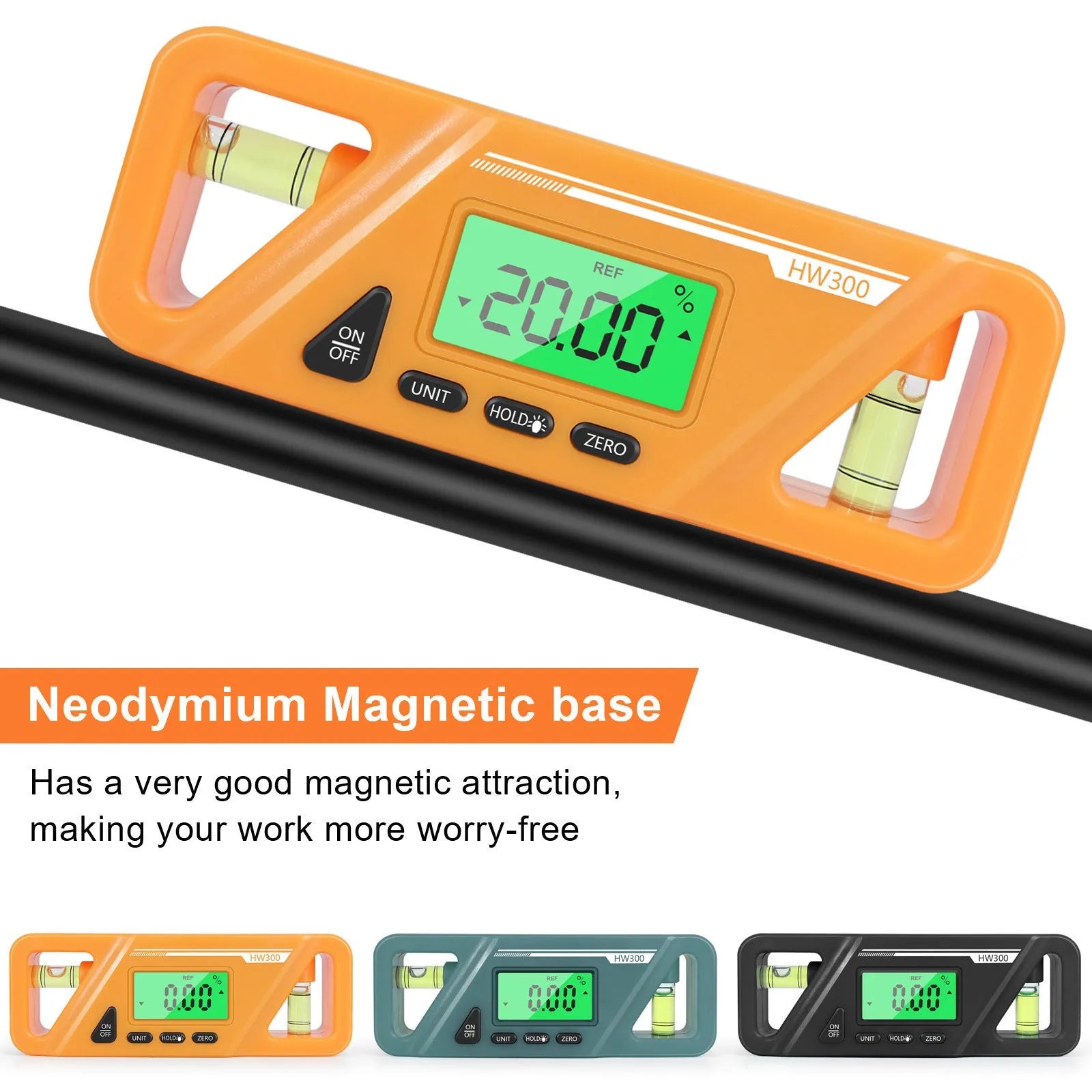 Digital magnetic inclinometer level meter on a metal surface showing angle reading on display.