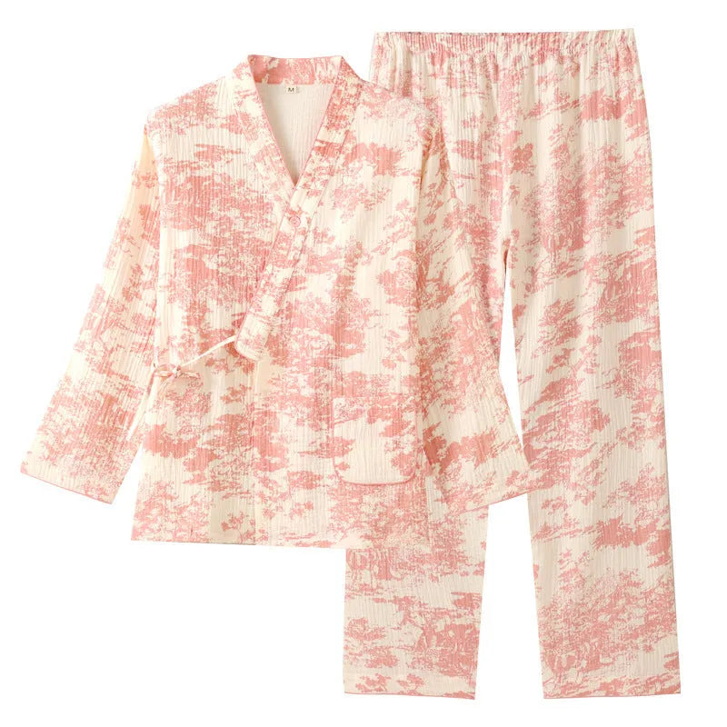 Women's pink cotton gauze lace-up trousers and long sleeve top homewear set