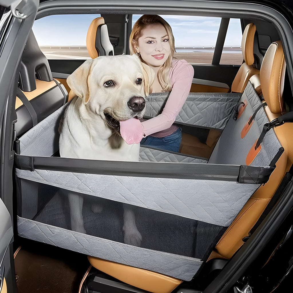 Grey water resistant dog bed with raised edges, measuring 56x56x40 cm.