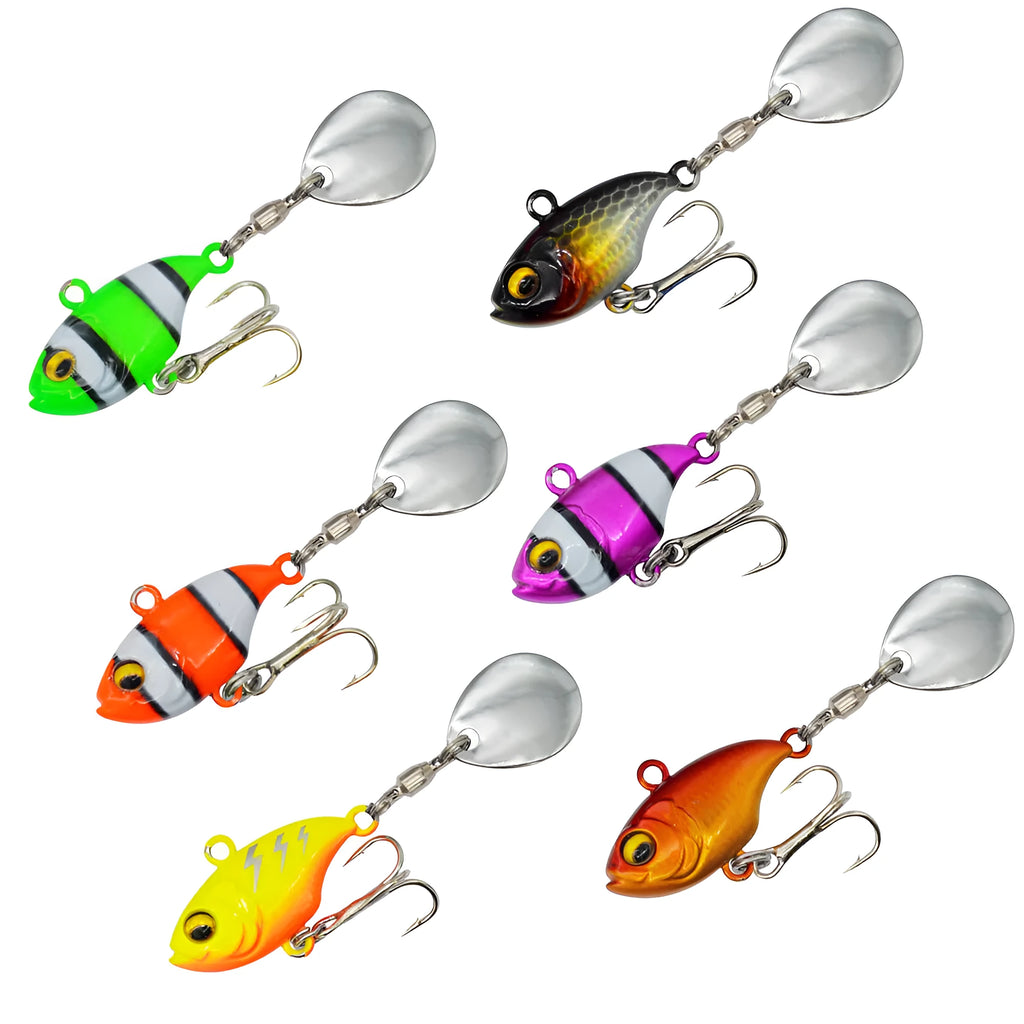 Metal fishing lure with a rotating sequin in a selection of colours on a blue background.